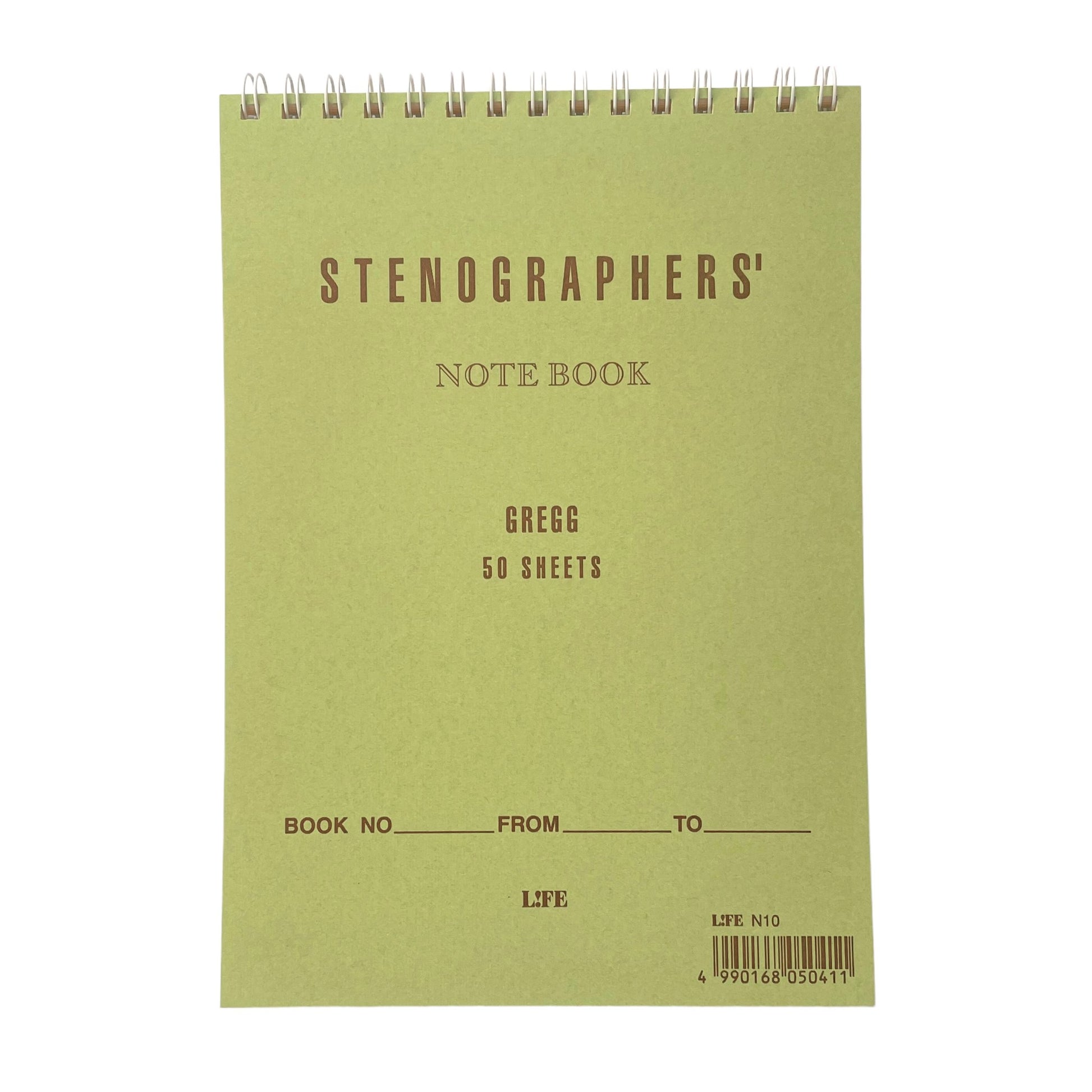 Top ring-bound stenographers' notebook with plain pistachio green cover by Japanese brand Life Japan