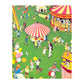 greetings card showing a scene from a country fair with carousel, punch and judy and balloon seller