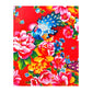 greetings card showing a bright blue peacock amongst flowers in red and pink