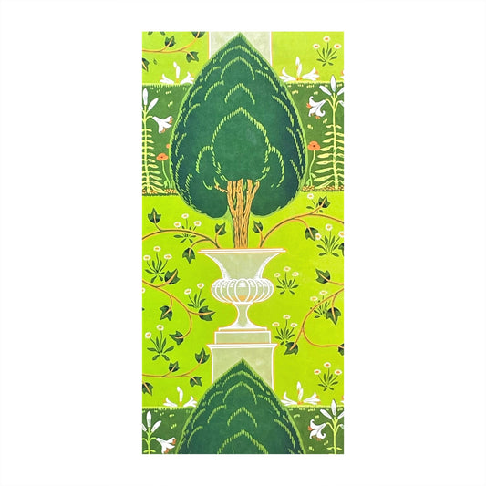 greetings card showing a tree planted in a decorative pot on a green backdrop
