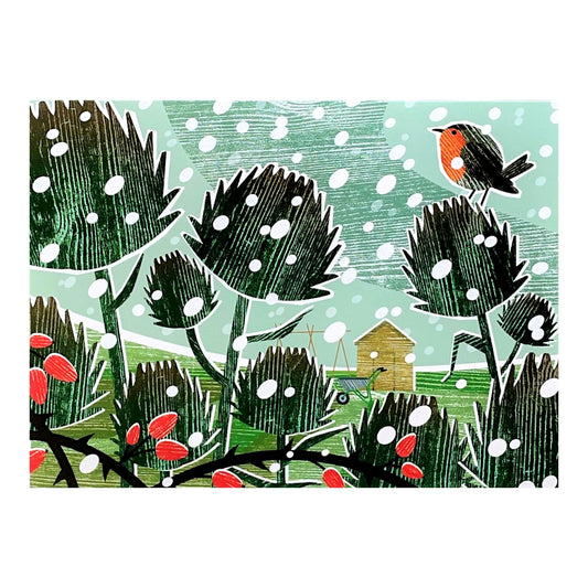 greetings card showing a cut-out effect scene of an allotment in the snow 