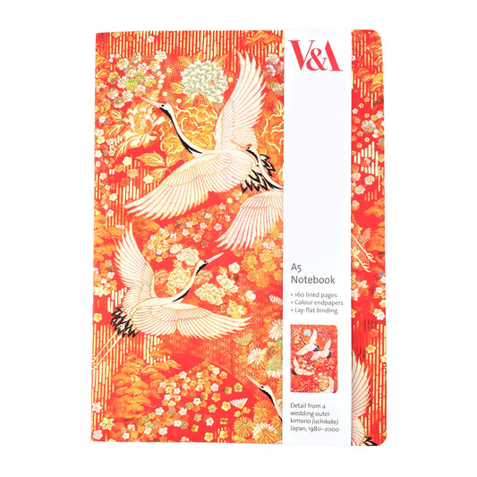 A5 lined notebook with a japanese cover design with white swans on an orange background