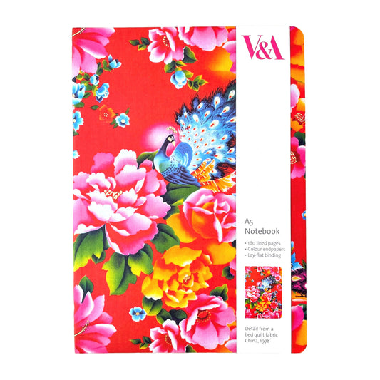 A5 lined notebook with a chinese design of peacock and flowers on a red background