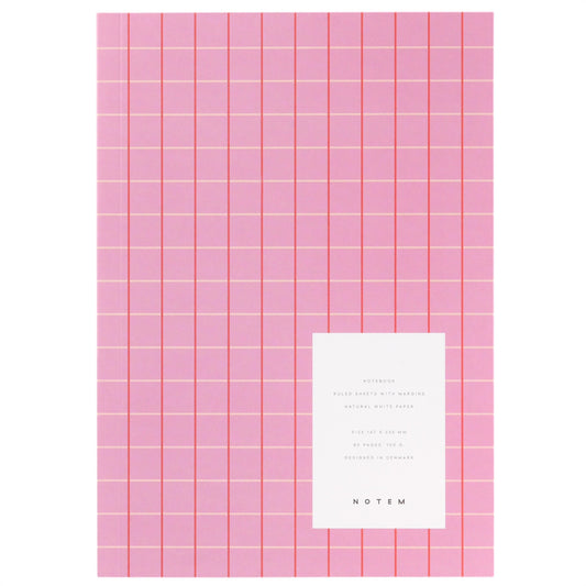 Notebook with a pink grid softcover. Lined inner pages