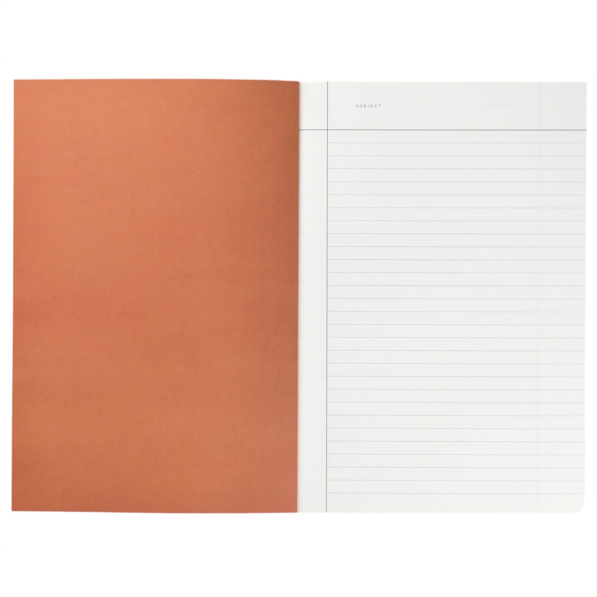 Notebook with a pink grid softcover. Lined inner pages with margin pictured