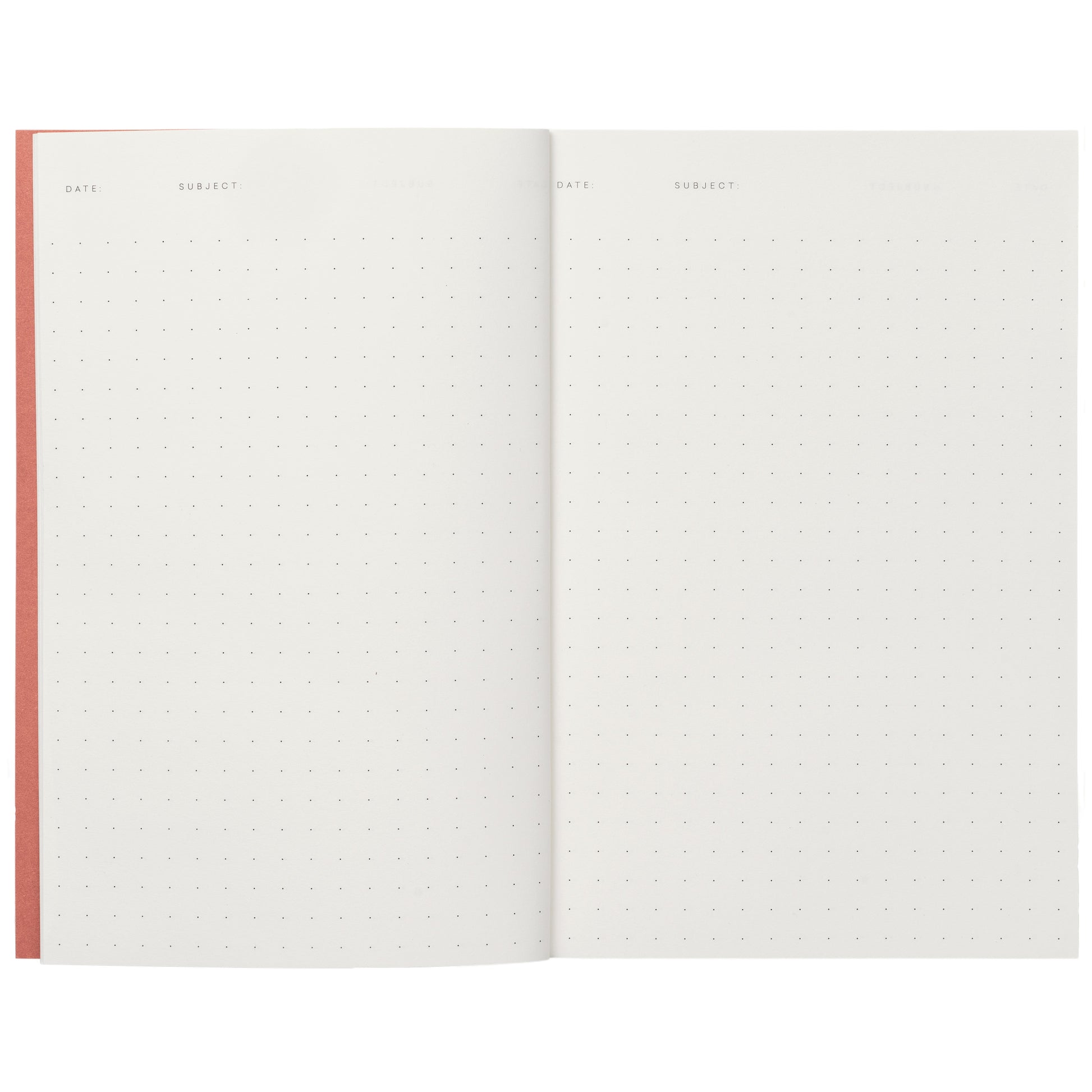 Pocket size notebook with a narrow bordeaux and white stripe softcover. inner dotted pages pictured