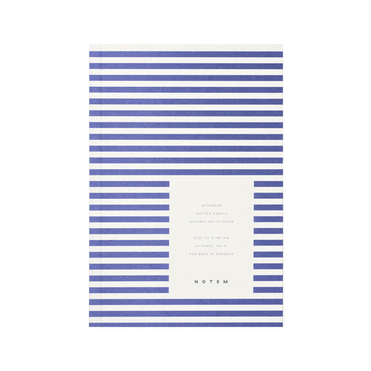 Pocket size notebook with a narrow bright blue and white stripe softcover.
