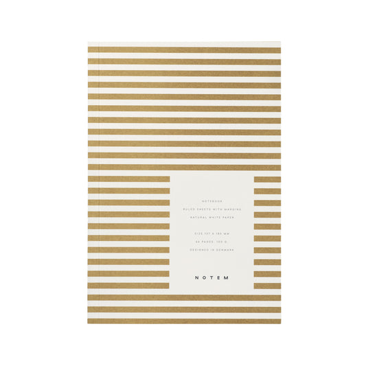 Pocket size notebook with a narrow mustard and white stripe softcover.