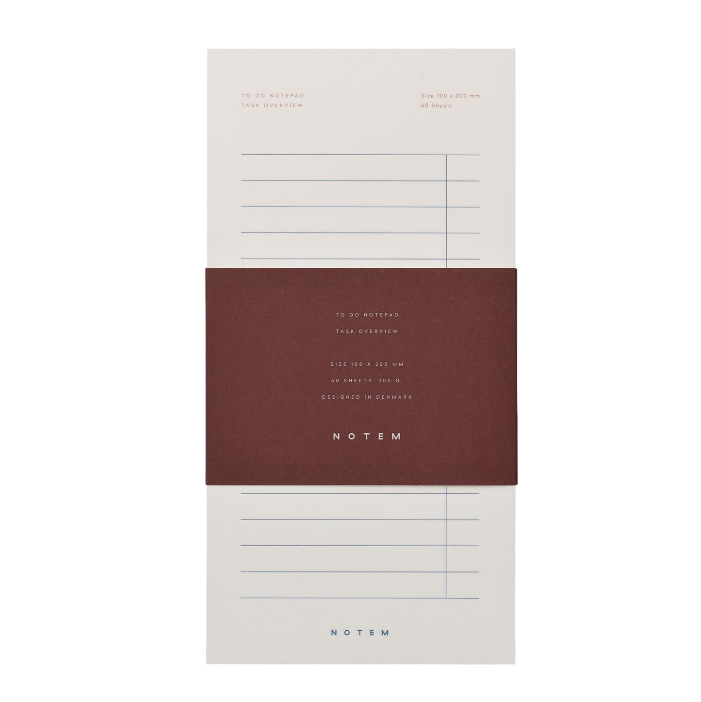 Daily To-Do Notepad with ivory sheets. Lined page with column to check-off progress, pictured with burgundy branded belly band