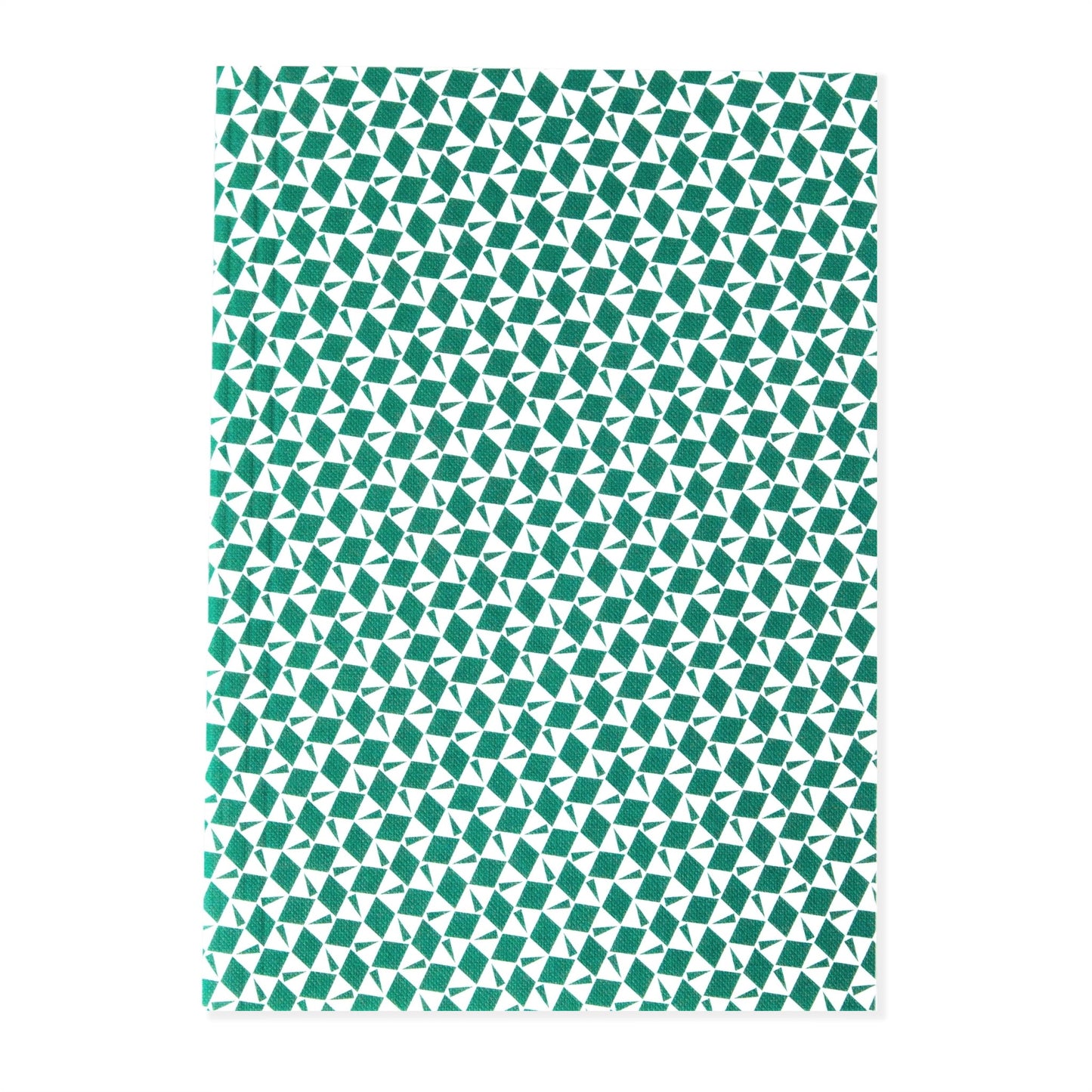 A5 softback notebook with geometric emerald green and white repeat diamond and triangles patterned cover. Dotted inner pages