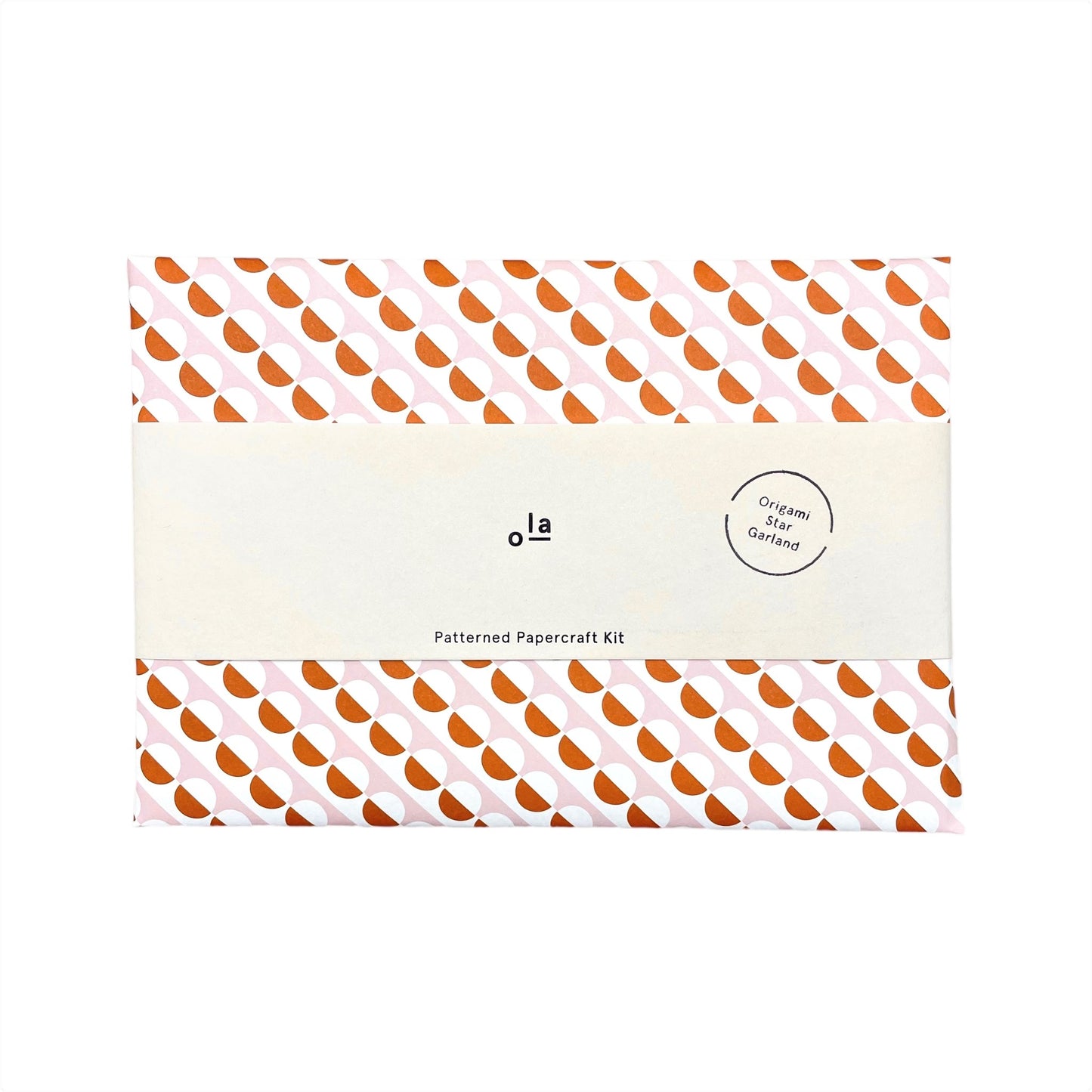 A garland of small paper origami patterned stars "lucky stars" , pictured is the outer pink and orange envelope packaging with branded belly band