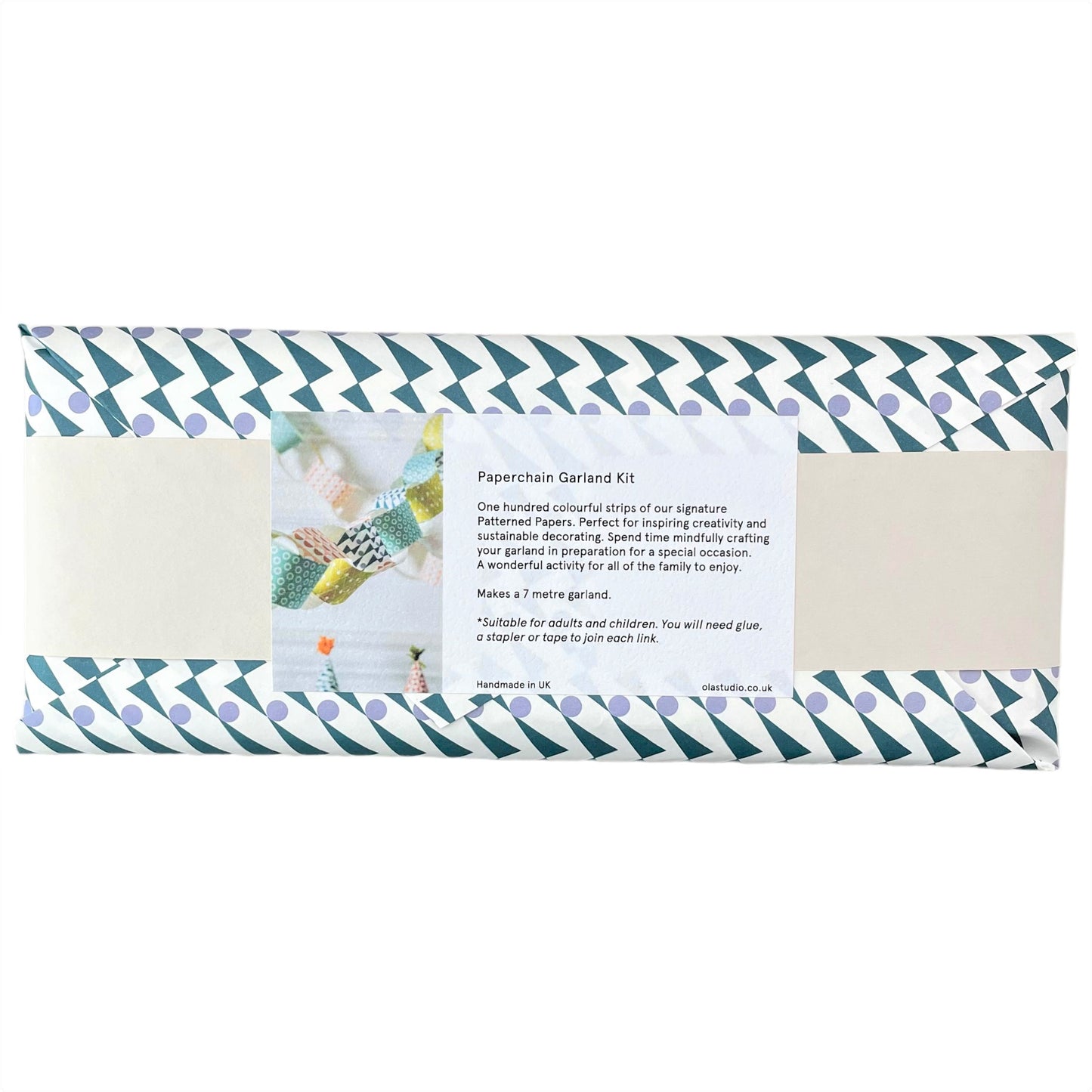 A paperchain of different patterned geometric papers in colours of mustard, orange, aqua and teal, the reverse of the outer patterned envelope packaging showing contents