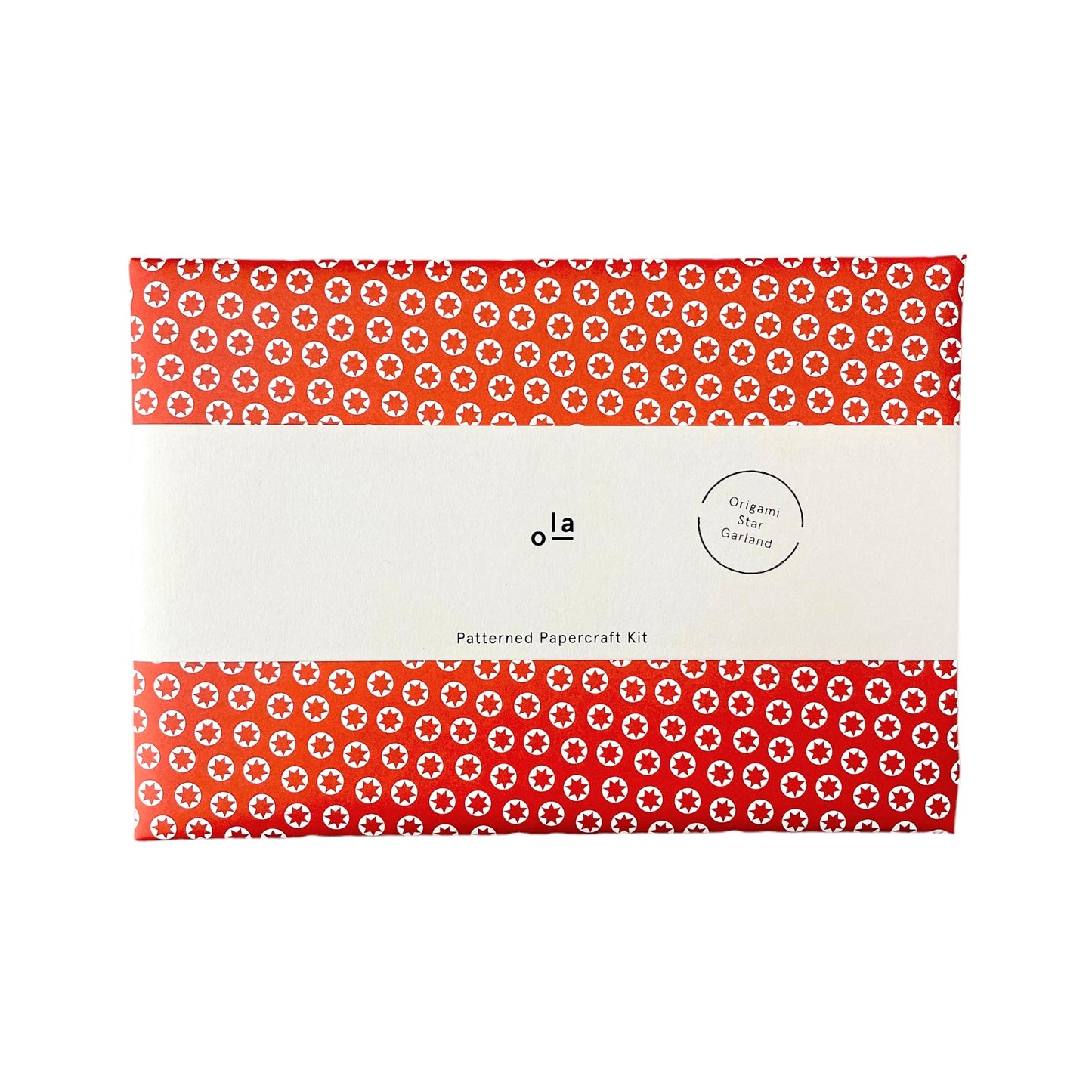 A garland of small paper origami patterned stars "lucky stars" , pictured is the outer red envelope packaging with branded belly band