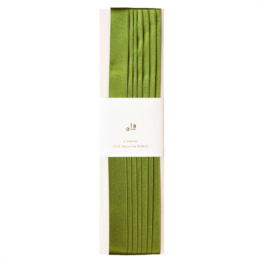 Luxury olive green satin ribbon on a rectangular board by Ola Studio