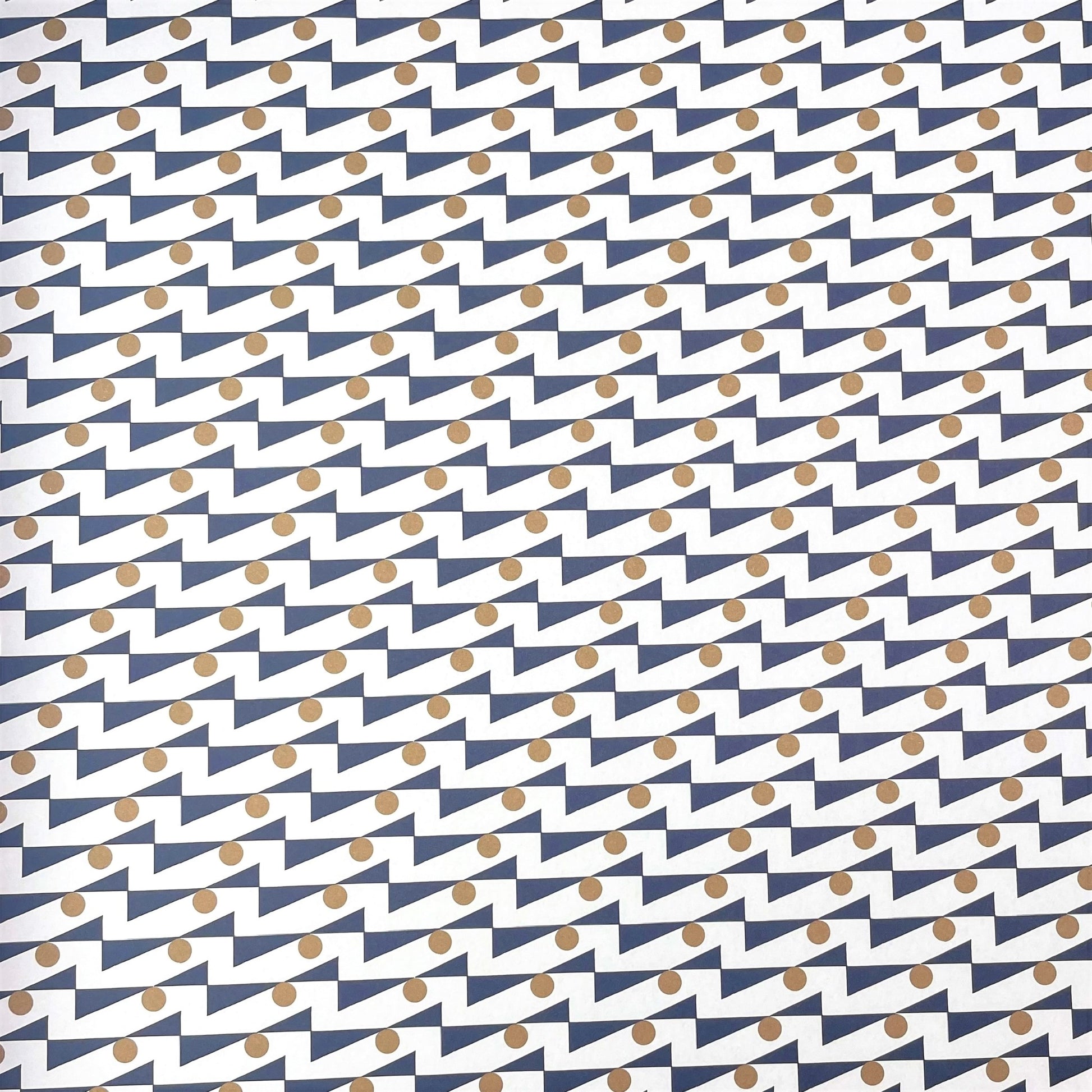 wrapping paper with abstract triangle and dot pattern in navy and gold on a white background by Ola Studio