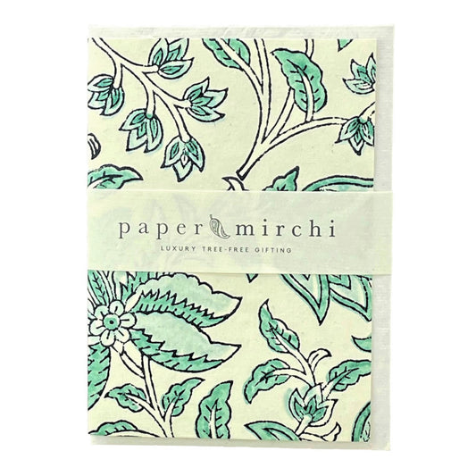 hand block printed greetings card with abstract botanical pattern in light aqua, by Paper Mirchi