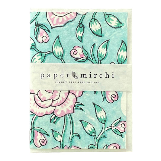 hand block printed greetings card with repeat floral pattern in pink and aqua, by Paper Mirchi