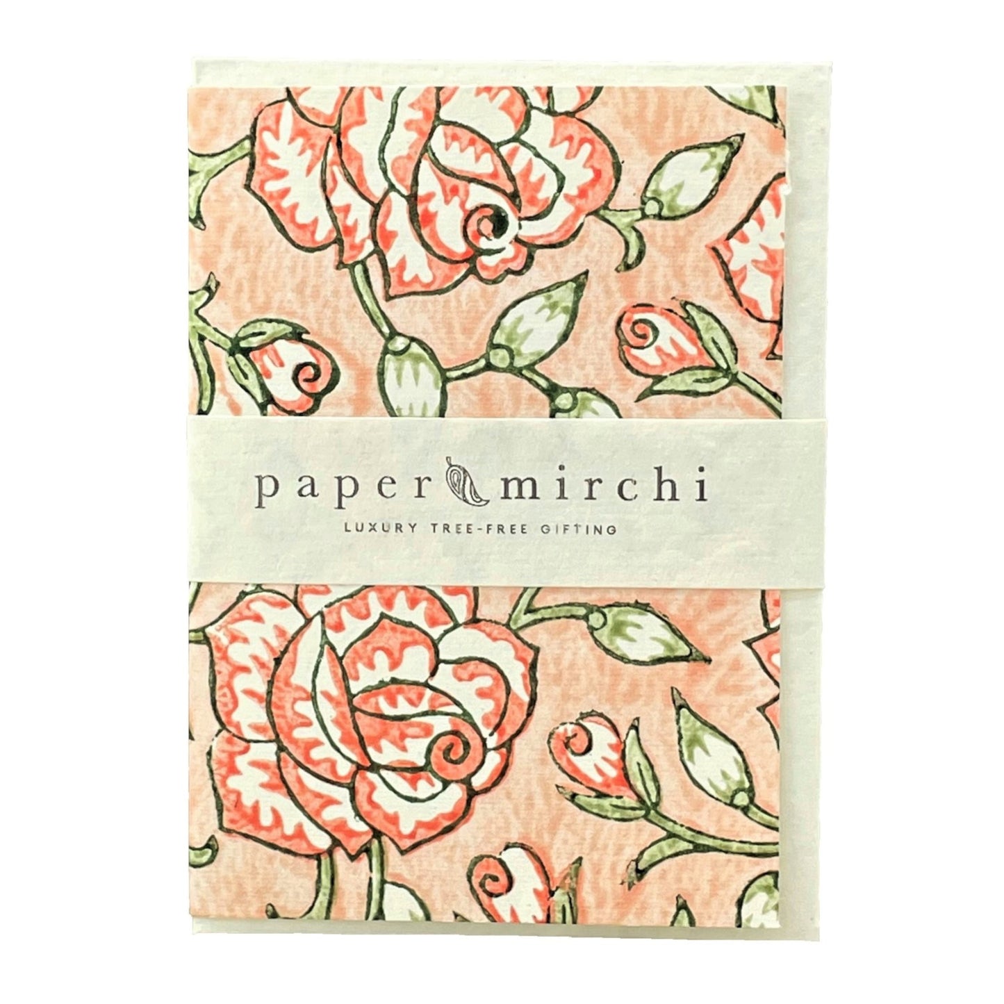 hand block printed greetings card with repeat floral pattern in coral and green, by Paper Mirchi