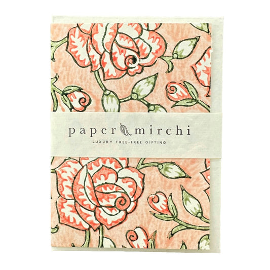 hand block printed greetings card with repeat floral pattern in coral and green, by Paper Mirchi