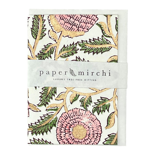 hand block printed greetings card with repeat floral pattern in pink. gold and green, by Paper Mirchi
