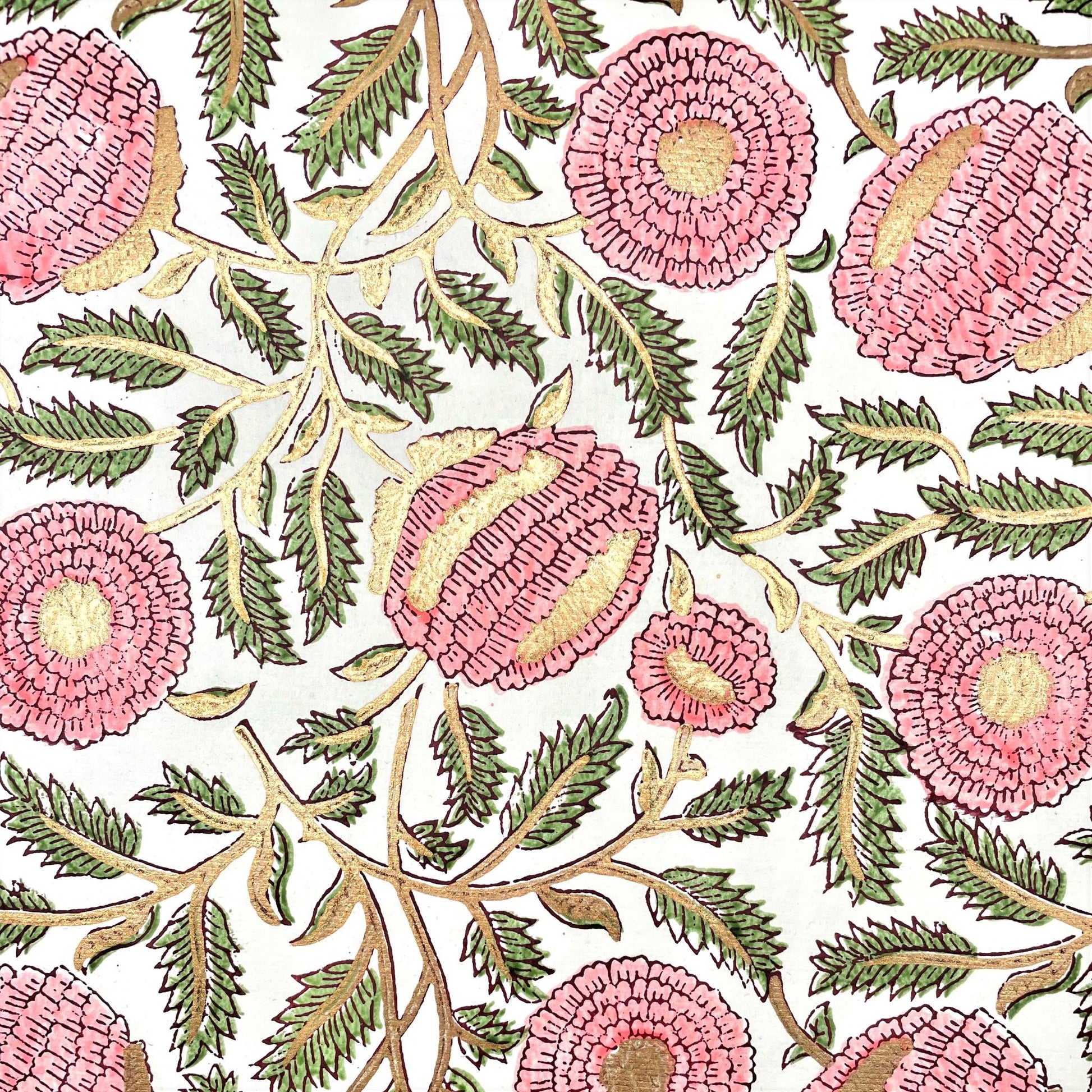 wrapping paper with repeat botanical pattern in pink, gold and green by Paper Mirchi