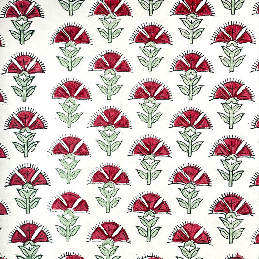 wrapping paper with repeat block-print thistle pattern in dark pink and green by Paper Mirchi