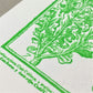 letterpress greetings card of a drawing of different varieties of cabbages, green ink on white, close-up