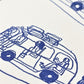 letterpress greetings card of a drawing of three camper vans on a winding road, blue ink on white, close-up