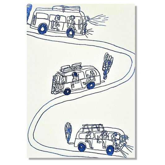 letterpress greetings card of a drawing of three camper vans on a winding road, blue ink on white by  Passenger Press