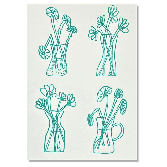 letterpress greetings card of a drawing of four vases of flowers, teal ink on white by  Passenger press