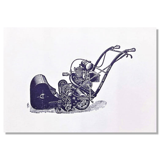 letterpress greetings card of a drawing of a vintage lawn mower, dark blue ink on white by Passenger Press