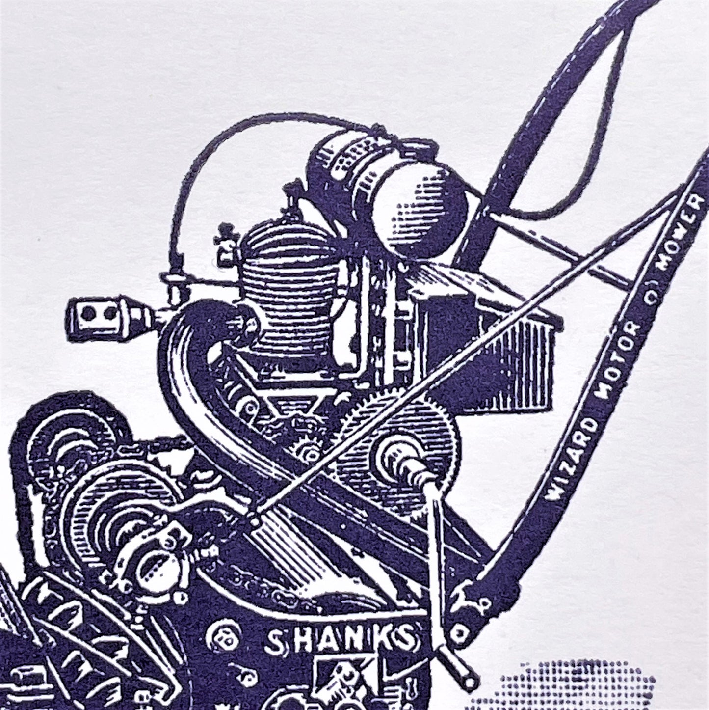 letterpress greetings card of a drawing of a vintage lawn mower, dark blue ink on white, close-up
