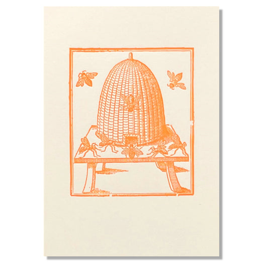 letterpress greetings card of a drawing of a bee hive, orange ink on white by Passenger Press