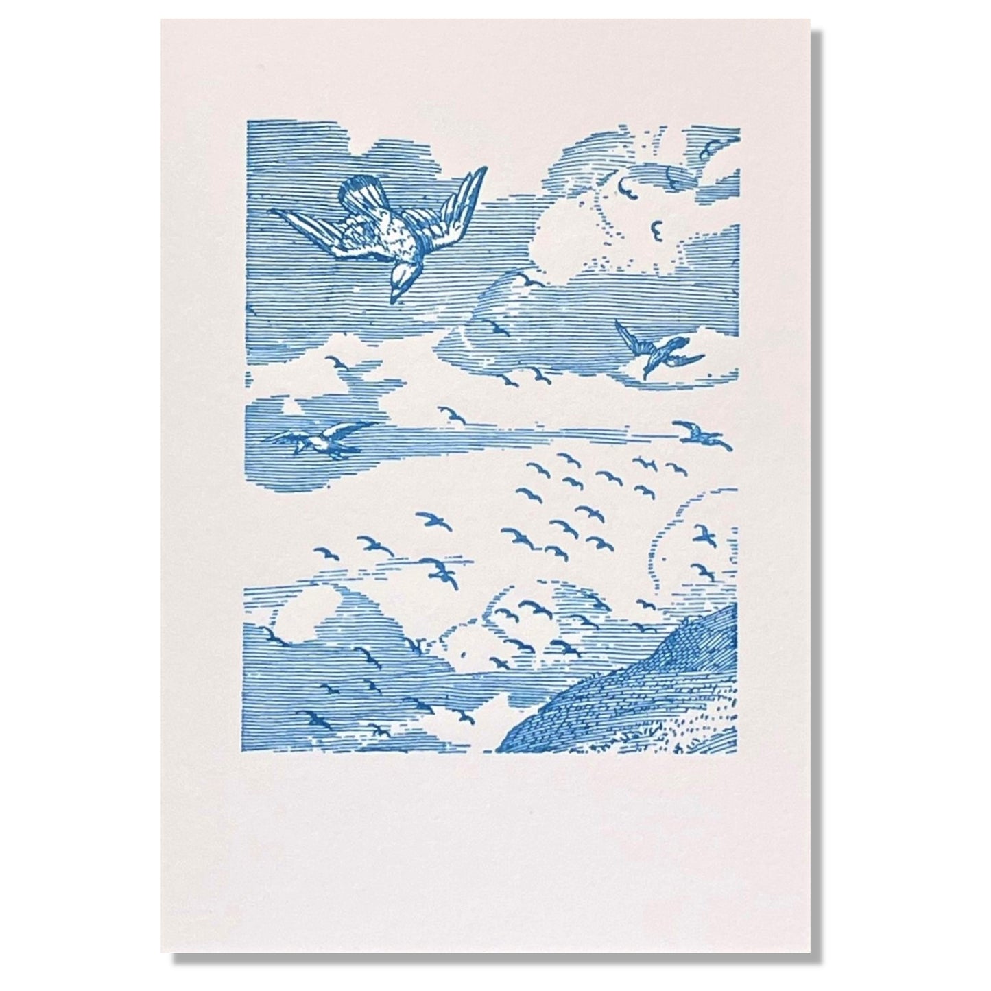 letterpress greetings card of a drawing of birds flying over the bass rock, blue ink on white by Passenger Press