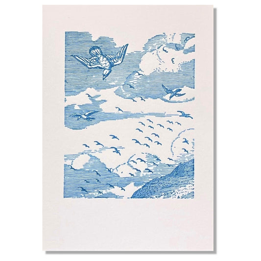 letterpress greetings card of a drawing of birds flying over the bass rock, blue ink on white by Passenger Press