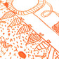 letterpress greetings card of a drawing of a tractor and what is living in the ground beneath, orange ink on white, close-up