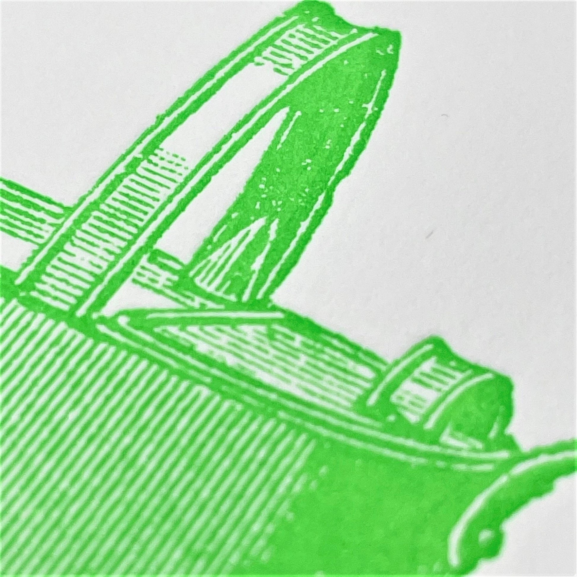 letterpress greetings card of a drawing of a watering can, lime green ink on white, close-up