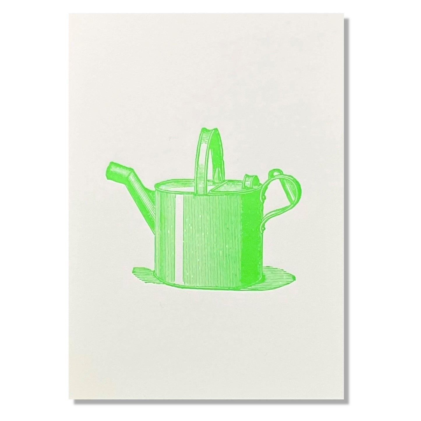 letterpress greetings card of a drawing of a watering can, lime green ink on white by Passenger Press
