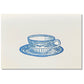 letterpress greetings card of a drawing of a wedgewood teacup and saucer, blue ink on white by Passenger Press