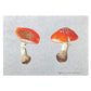 greetings card with image of two fly agaric toadstools, soft blue backdrop