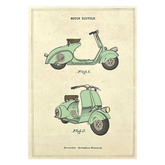 greetings card with drawing of a light green vespa motor bicycle by the Pattern Book