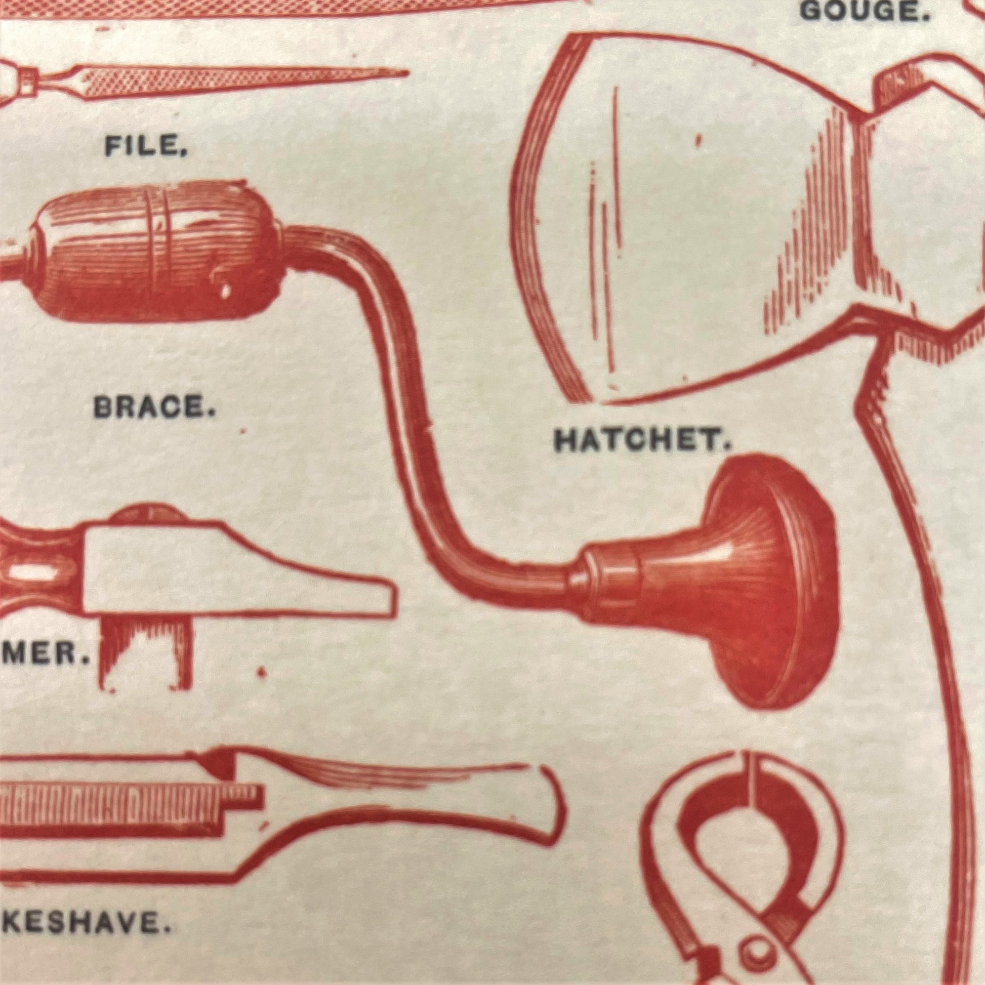 greetings card with drawing of different woodworker's tools, close-up