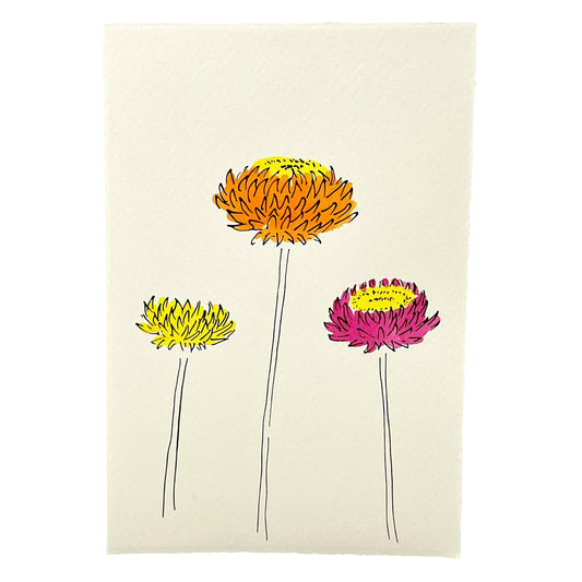 hand-painted greetings card of three flowers in yellow, orange and fuschia, by Scribble and Daub