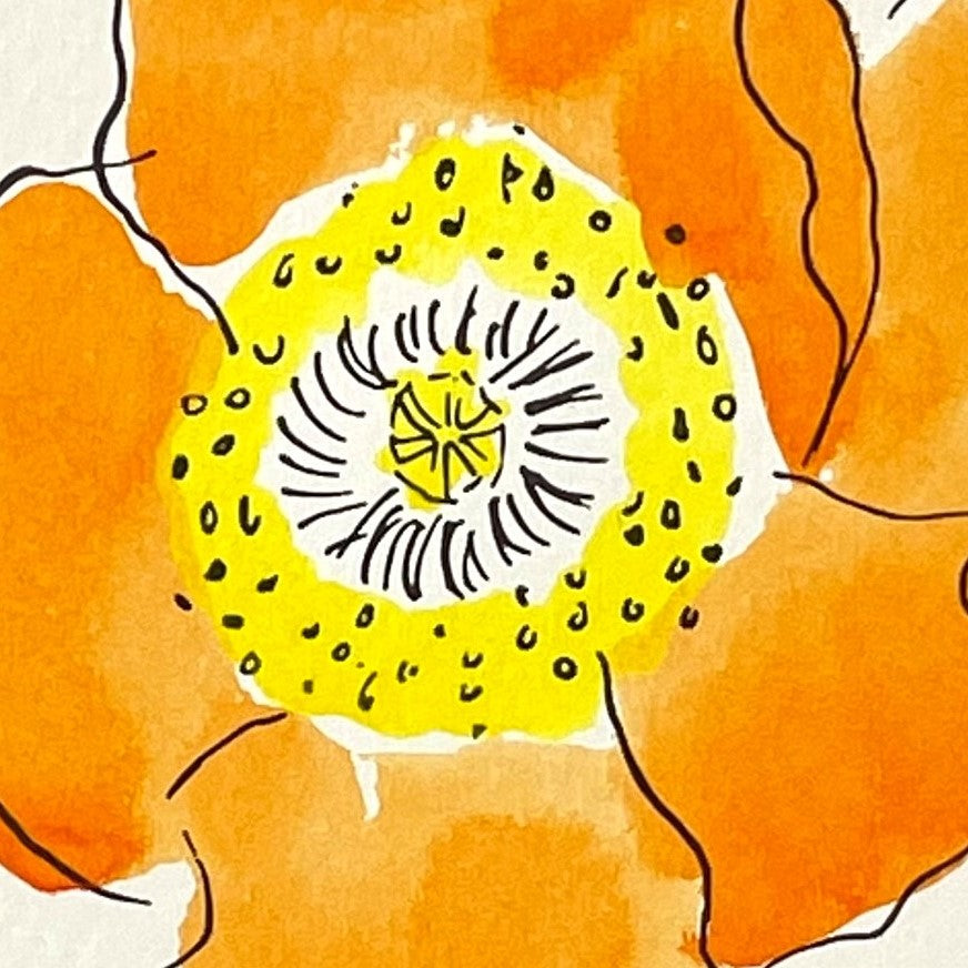 hand-painted greetings card of an orange oriental poppy flower, close-up
