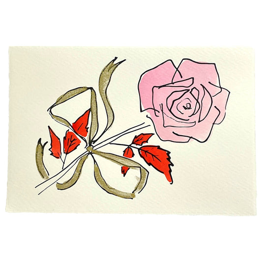 hand-painted greetings card of a pink rose tied with a gold ribbon, by Scribble and Daub