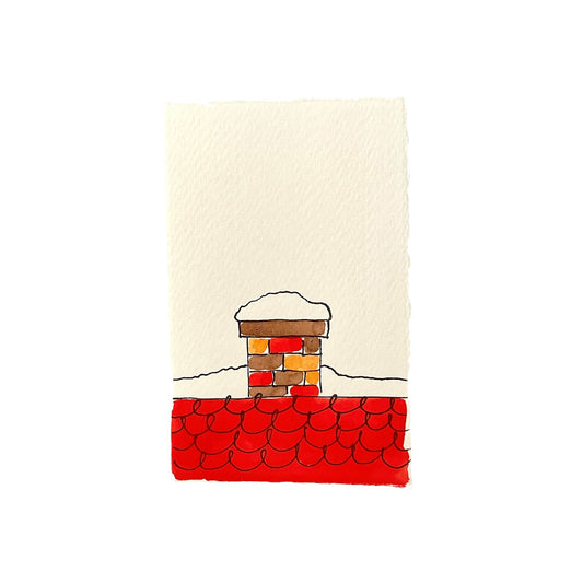 hand-painted greetings card of a red chimney in the snow by Scribble and Daub