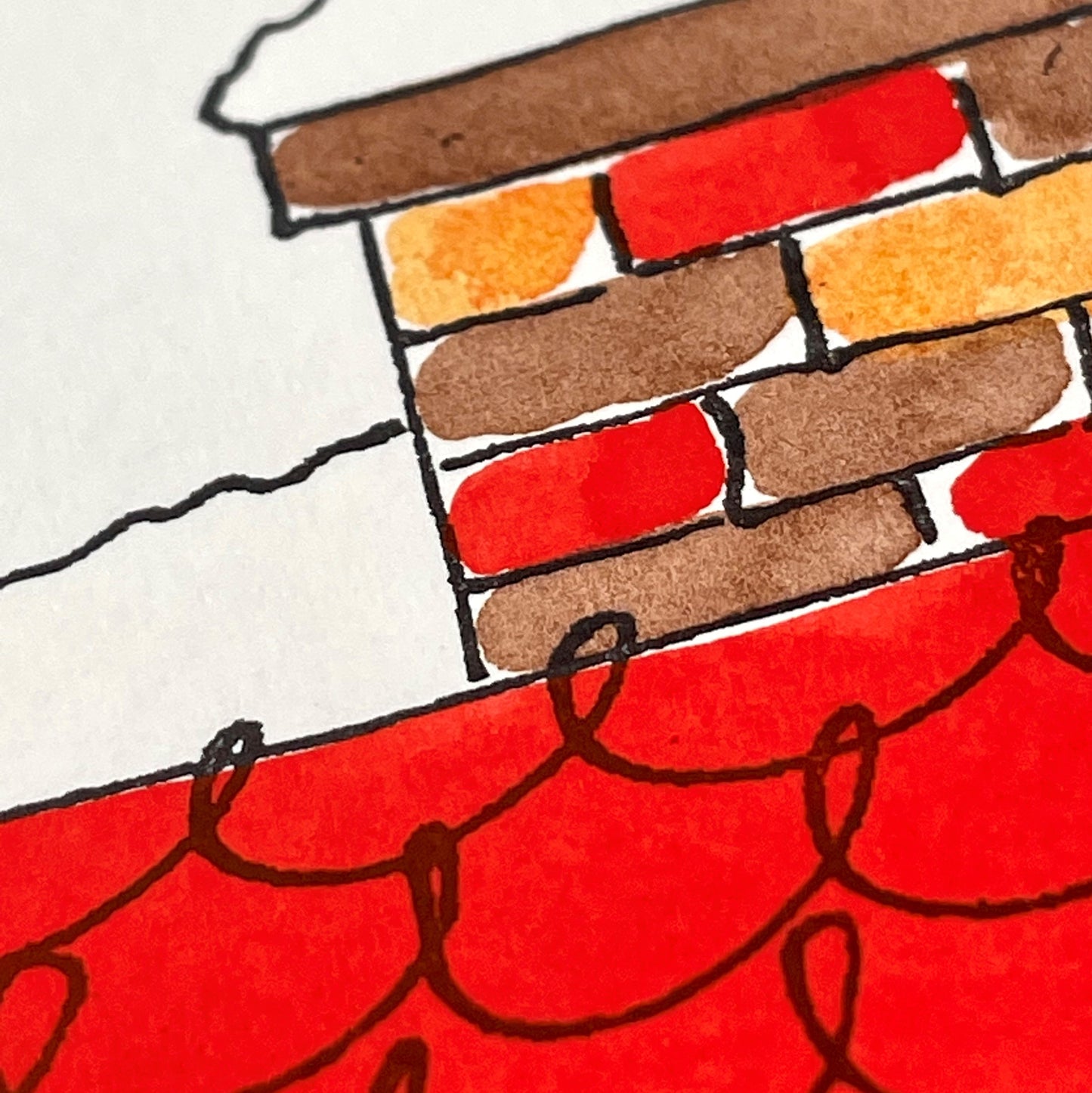 hand-painted greetings card of a red chimney in the snow, close-up by Scribble and Daub