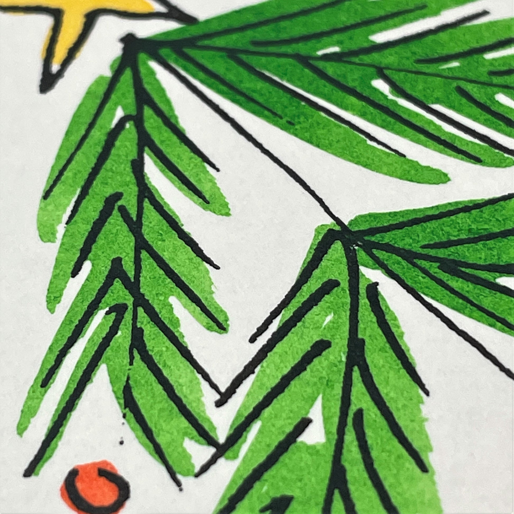hand-painted greetings card of a christmas tree, close-up, by Scribble and Daub