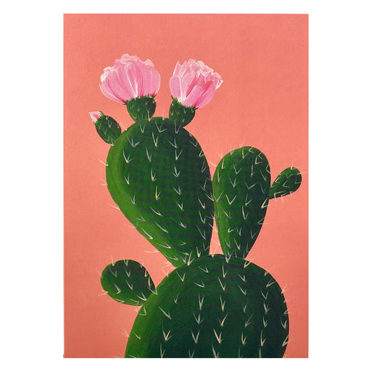 greetings card with botanical drawing of a cactus with pink flowers with a coral backdrop by Stengun Drawings