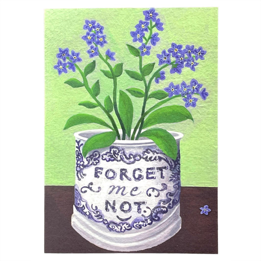 greeting card of a painting of lilac forget-me-nots in a blue and white Staffordshire mug, fresh green backdrop by Susie Hamilton